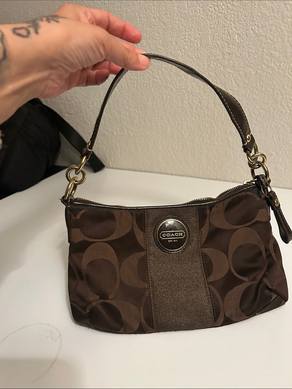 COACH Brown Signature Jacquard Shoulder Bag with Logo Plaque